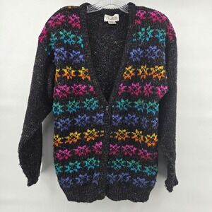 Partners by Mervyns Cardigan Medium Black Bright Geometric Vintage 80's